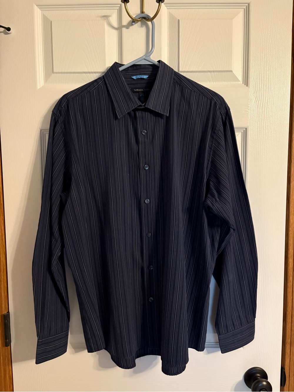 Men's Slim Fit Long-Sleeve Navy Pinstripe Dress Shirt